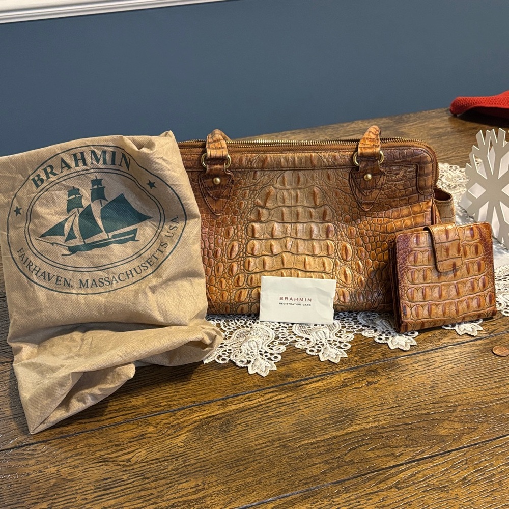 Brahmin Tan Crocodile Embossed Bag and Wallet